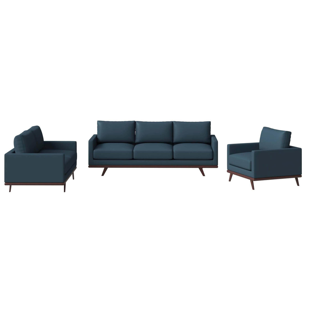 Chester 3-Piece Leather Living Room Sofa Set with Birch Wood Base Navy Blue Sofa Set Leisuremod