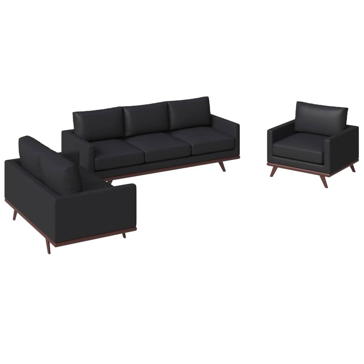 Chester 3-Piece Leather Living Room Sofa Set with Birch Wood Base Black Sofa Set Leisuremod