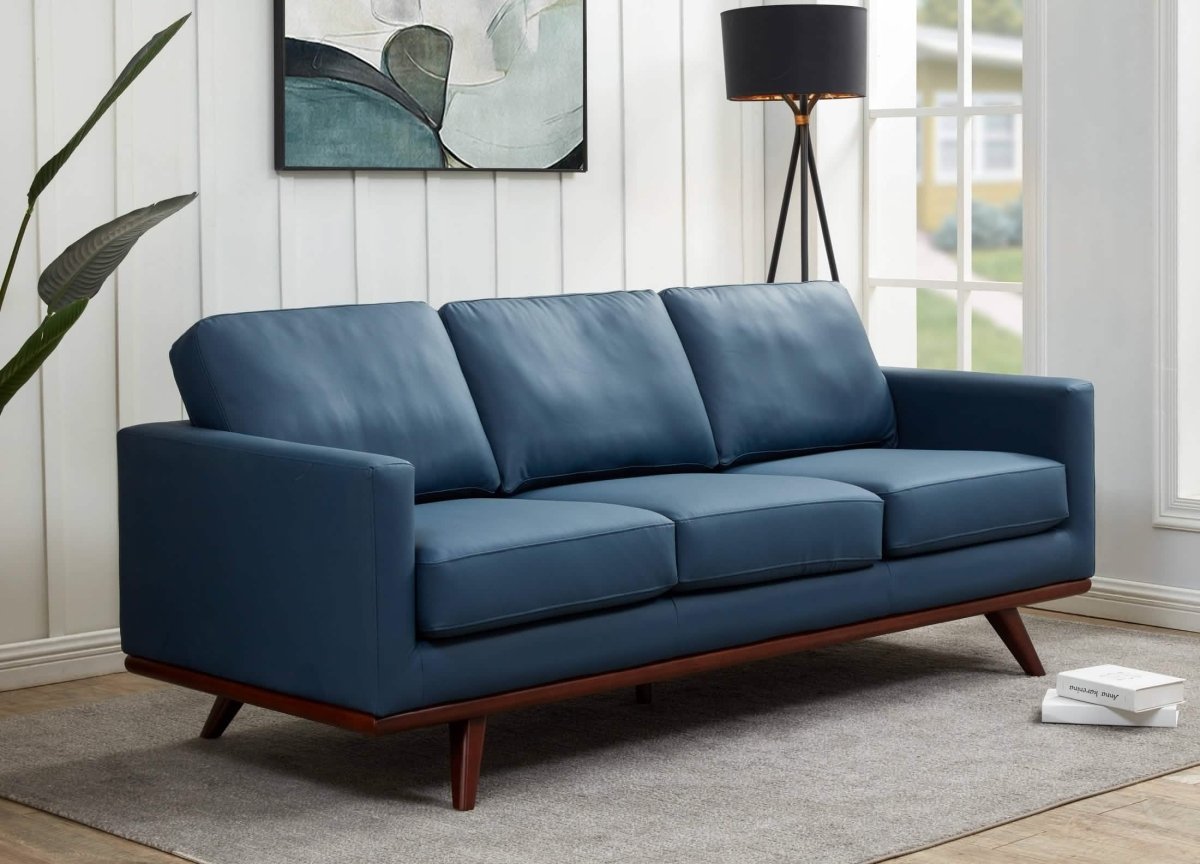 Chester 3-Seater Leather/Mesh Full Size Sofa in Birch Wood Base Leather Navy Blue Sofa Leisuremod