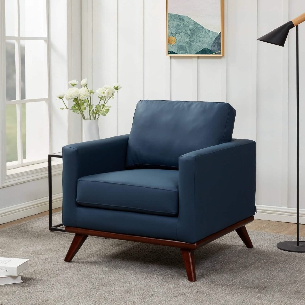 Chester Modern Leather/Mesh Accent Arm Chair With Birch Wood Base Leather Navy Blue Sofa Leisuremod