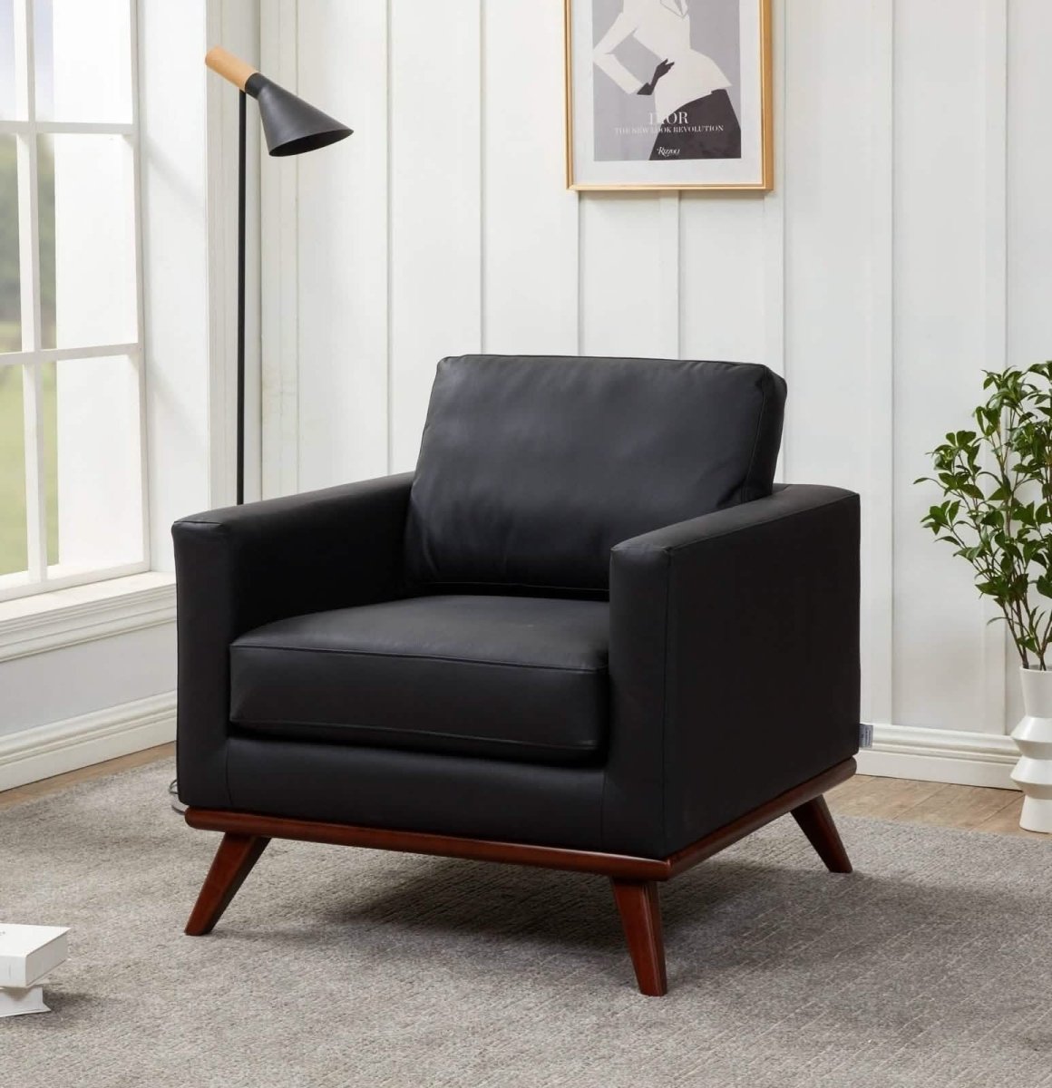 Chester Modern Leather/Mesh Accent Arm Chair With Birch Wood Base Leather Black Sofa Leisuremod