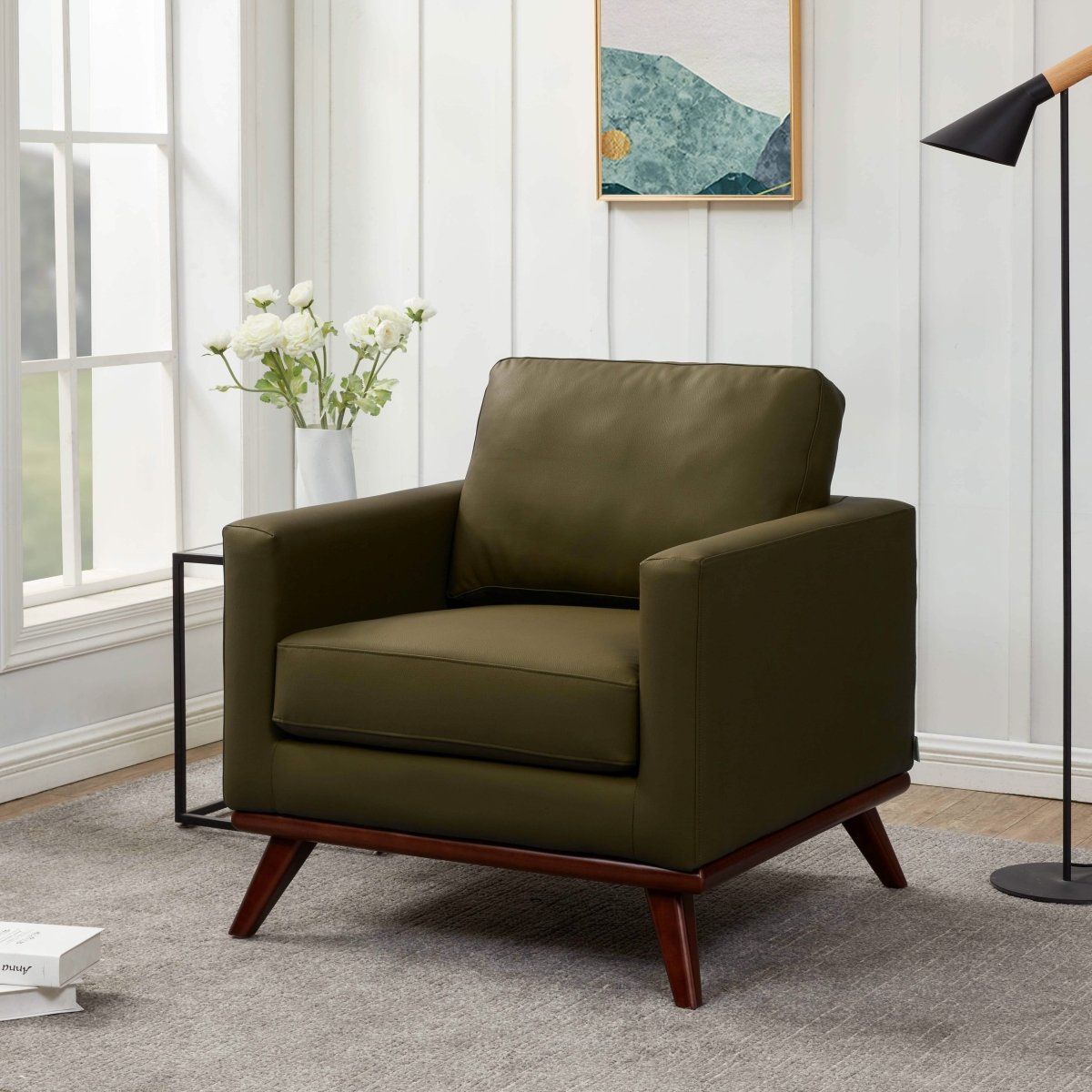 Chester Modern Leather/Mesh Accent Arm Chair With Birch Wood Base Leather Green Sofa Leisuremod
