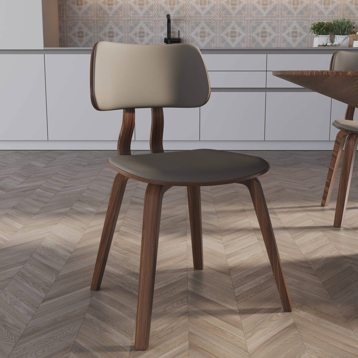 Clivo Modern Wooden Dining Chair Upholstered in Leather With Walnut Color Frame Walnut Light Grey Dining Chair Leisuremod