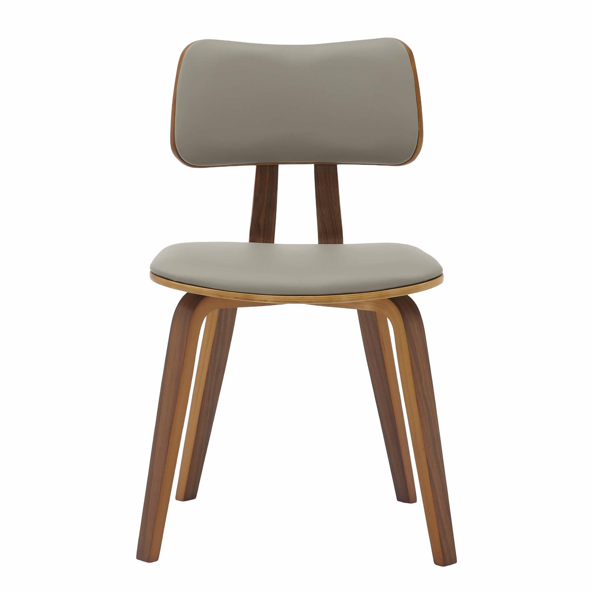 Clivo Modern Wooden Dining Chair Upholstered in Leather With Walnut Color Frame Walnut Light Grey Dining Chair Leisuremod