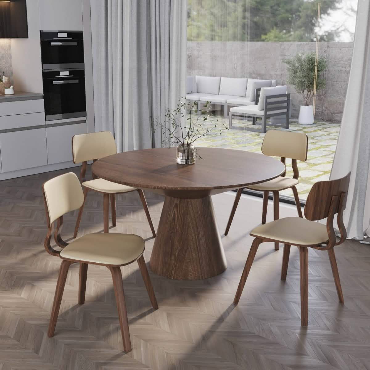 Clivo Modern Wooden Dining Chair Upholstered in Leather With Walnut Color Frame Walnut Cream Dining Chair Leisuremod