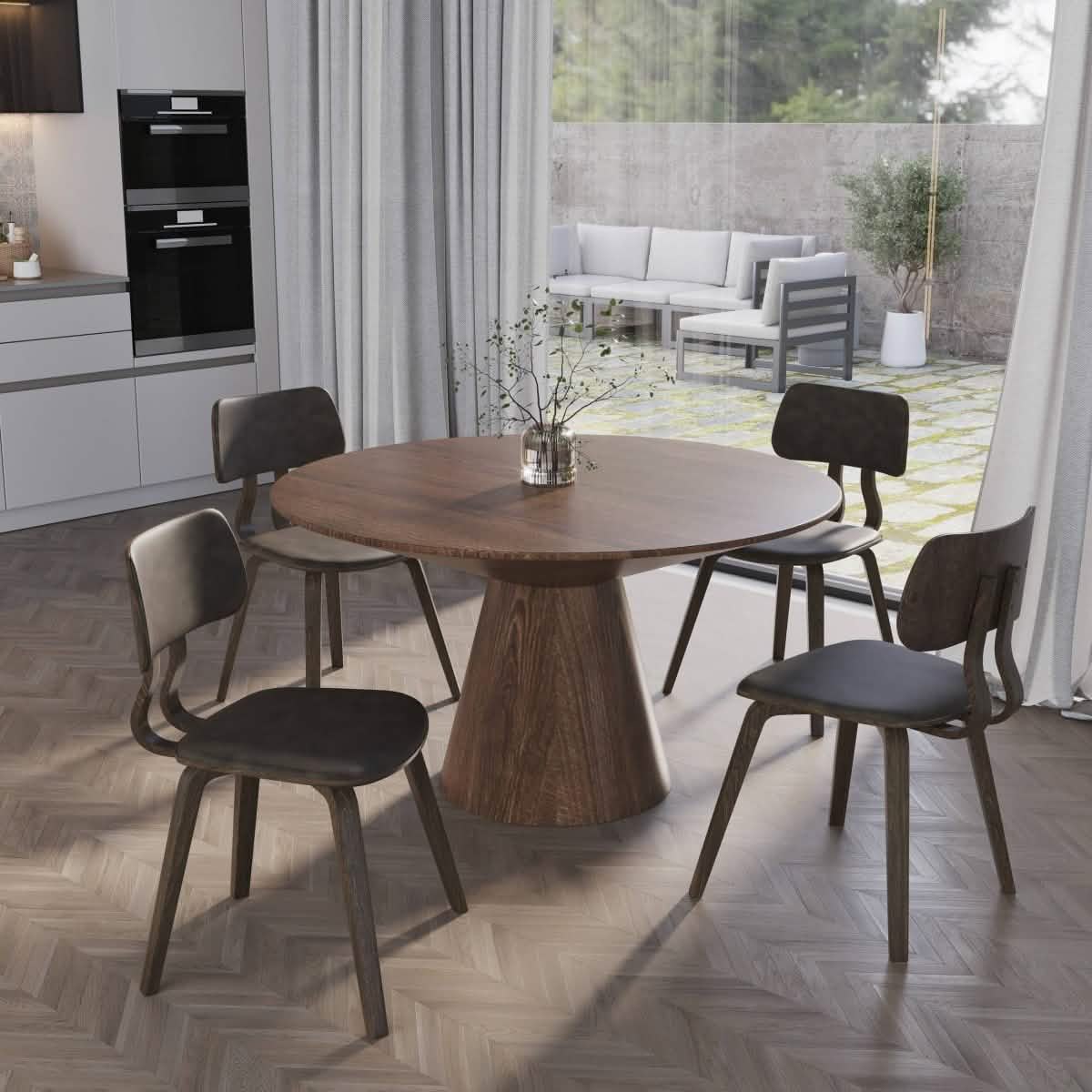 Clivo Modern Wooden Dining Chair Upholstered in Leather With Walnut Color Frame Dark Walnut Brown Dining Chair Leisuremod