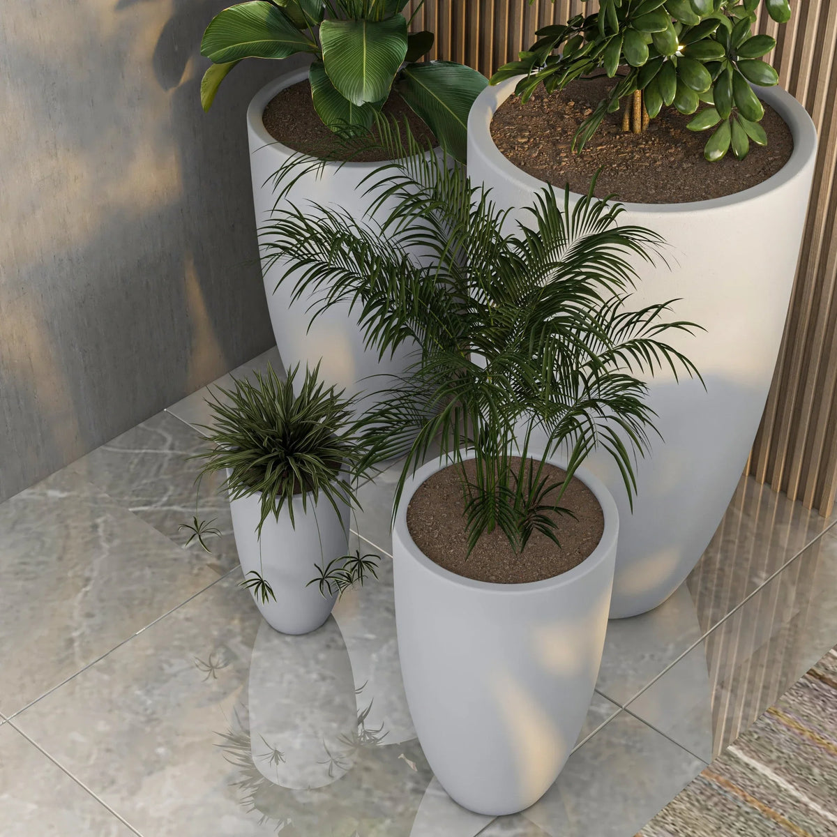 Crete Modern 4-Piece Tapered Round Planter Pot Set in Fiberstone and Clay Weather Resistant Design - Elax Furniture