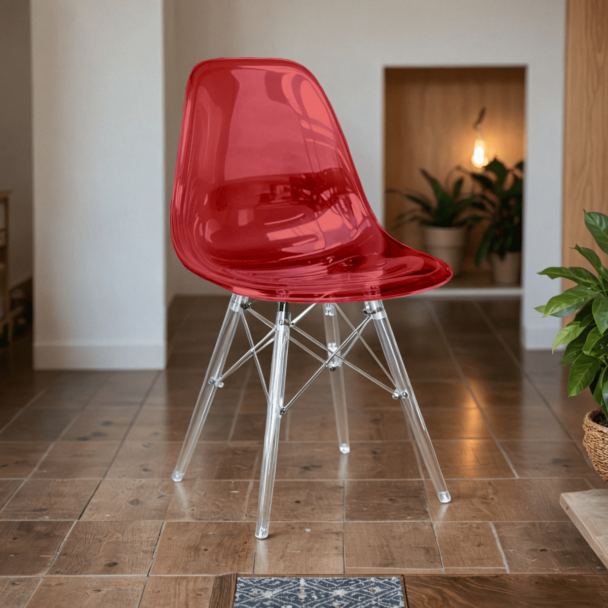 Cresco Modern Dining Side Chair in Curved Back Design with Multiple Base Options: Wood, Acrylic, Chrome & Gold Eiffel Design Acrylic Transparent Transparent Red Dining Chair Leisuremod
