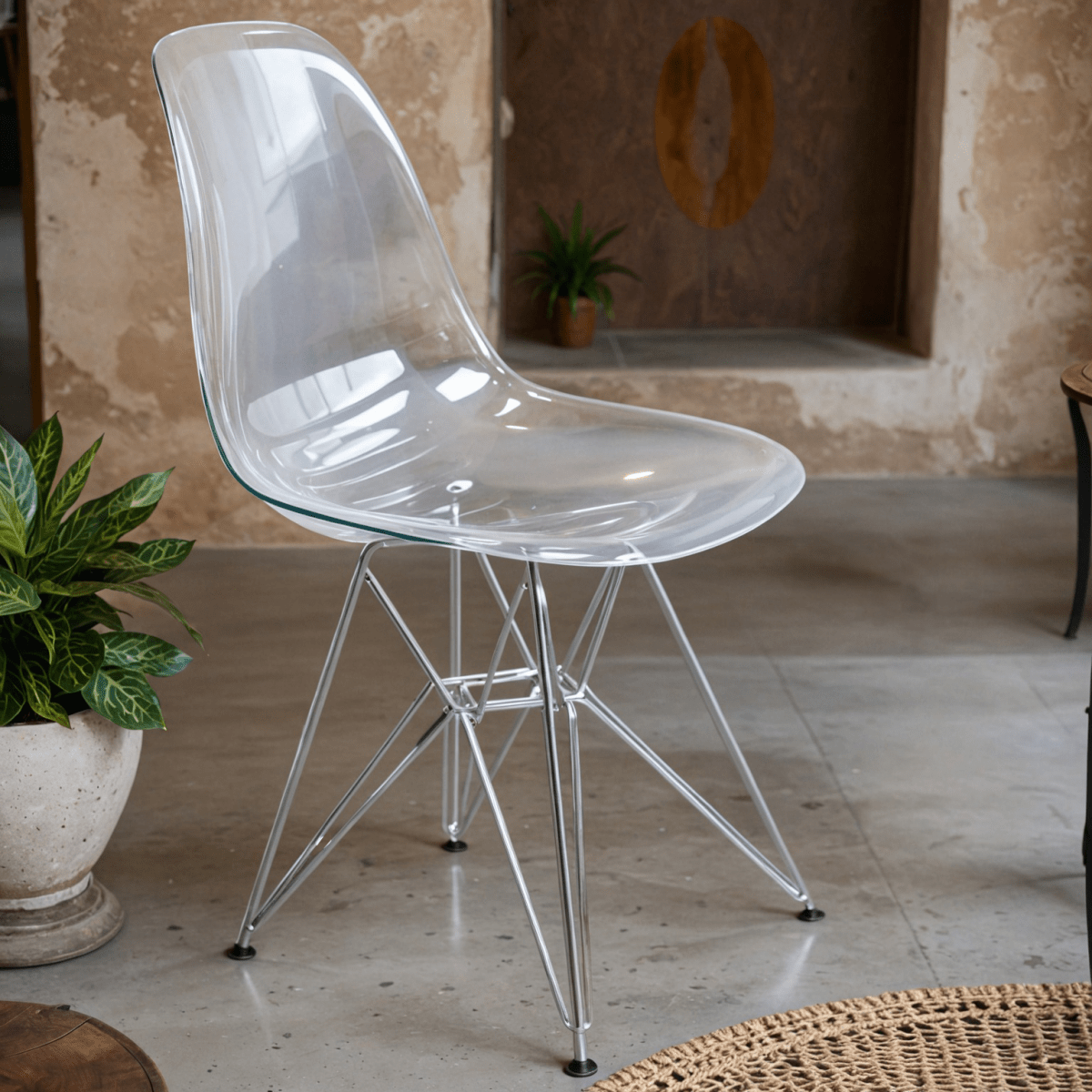 Cresco Modern Dining Side Chair in Curved Back Design with Multiple Base Options: Wood, Acrylic, Chrome & Gold Eiffel Design Stainless Steel Silver Clear Dining Chair Leisuremod