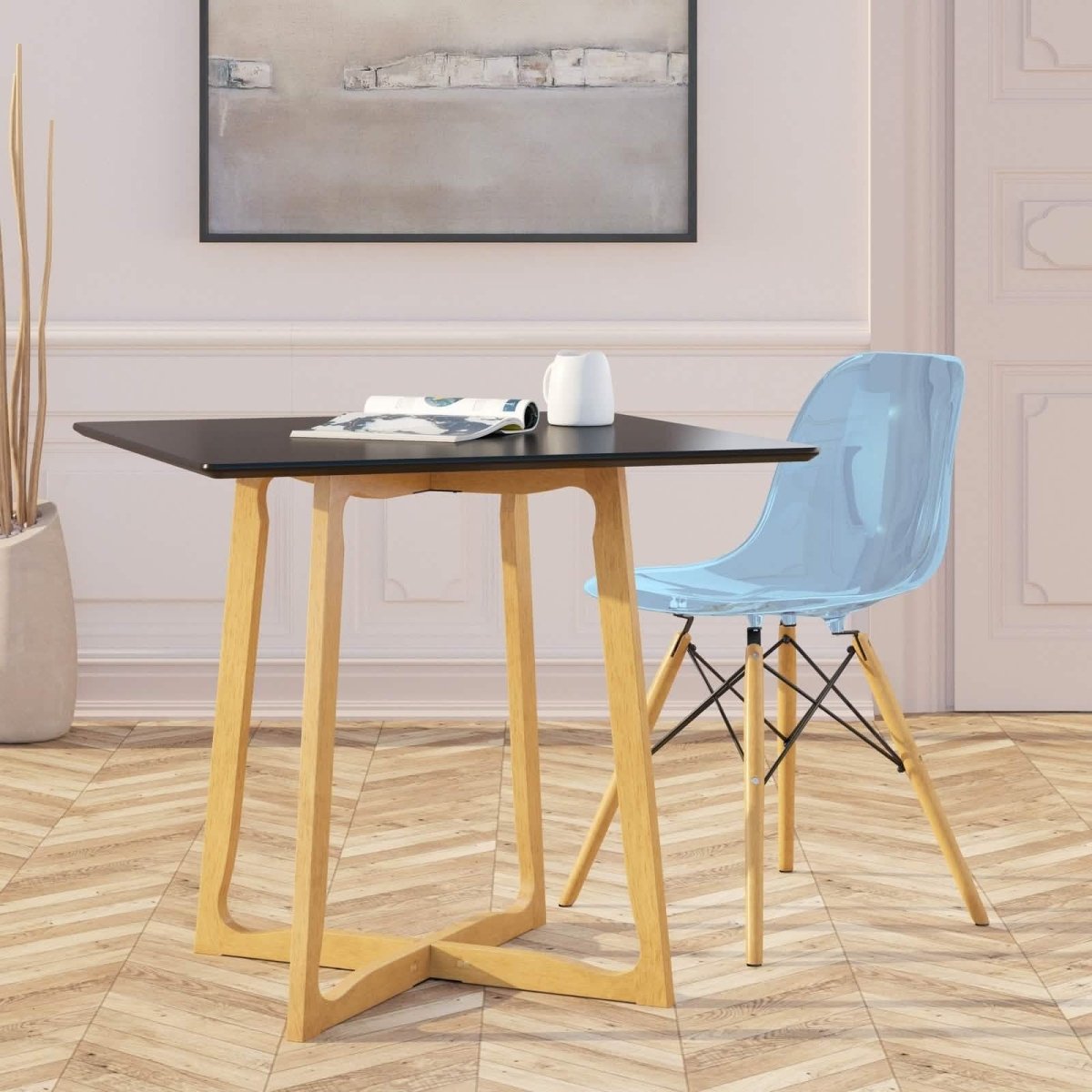 Cresco Modern Dining Side Chair in Curved Back Design with Multiple Base Options: Wood, Acrylic, Chrome & Gold Eiffel Design Wood Brown Transparent Blue Dining Chair Leisuremod