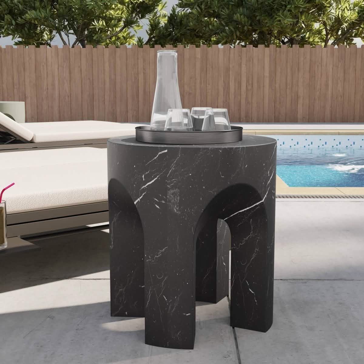 Crus Fiberstone Outdoor Side Table With Arched Base Design Marbleized Black Side Table Leisuremod