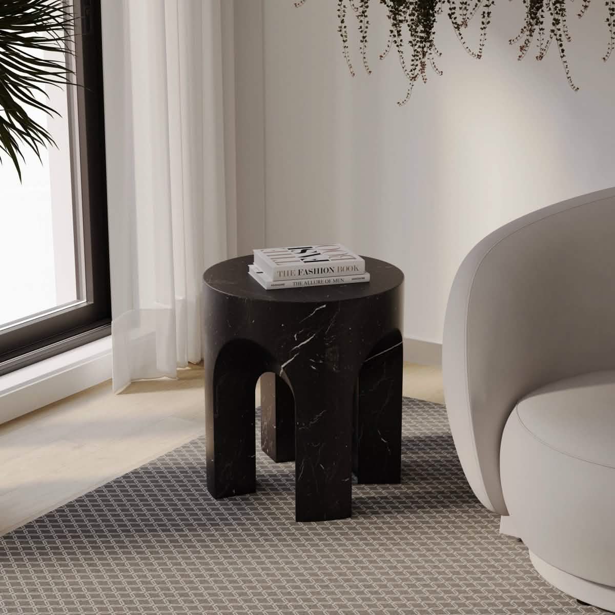 Crus Fiberstone Outdoor Side Table With Arched Base Design Marbleized Black Side Table Leisuremod