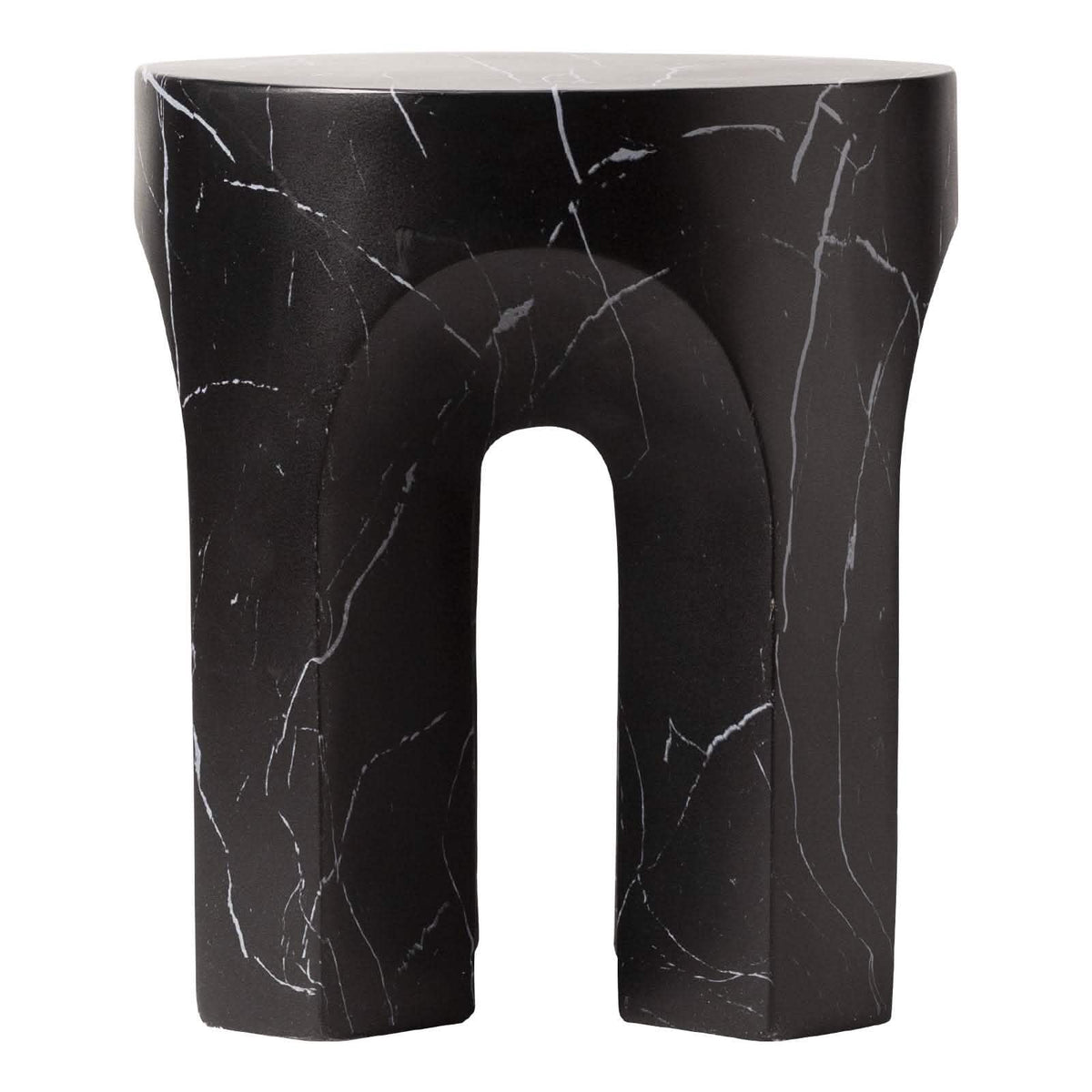 Crus Fiberstone Outdoor Side Table With Arched Base Design Marbleized Black Side Table Leisuremod