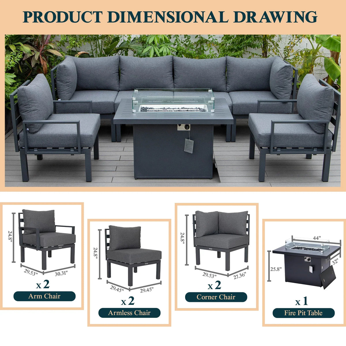 Chelsea 7-Piece Patio Sectional Set in Black Aluminum with Fire Pit Table - Elax Furniture
