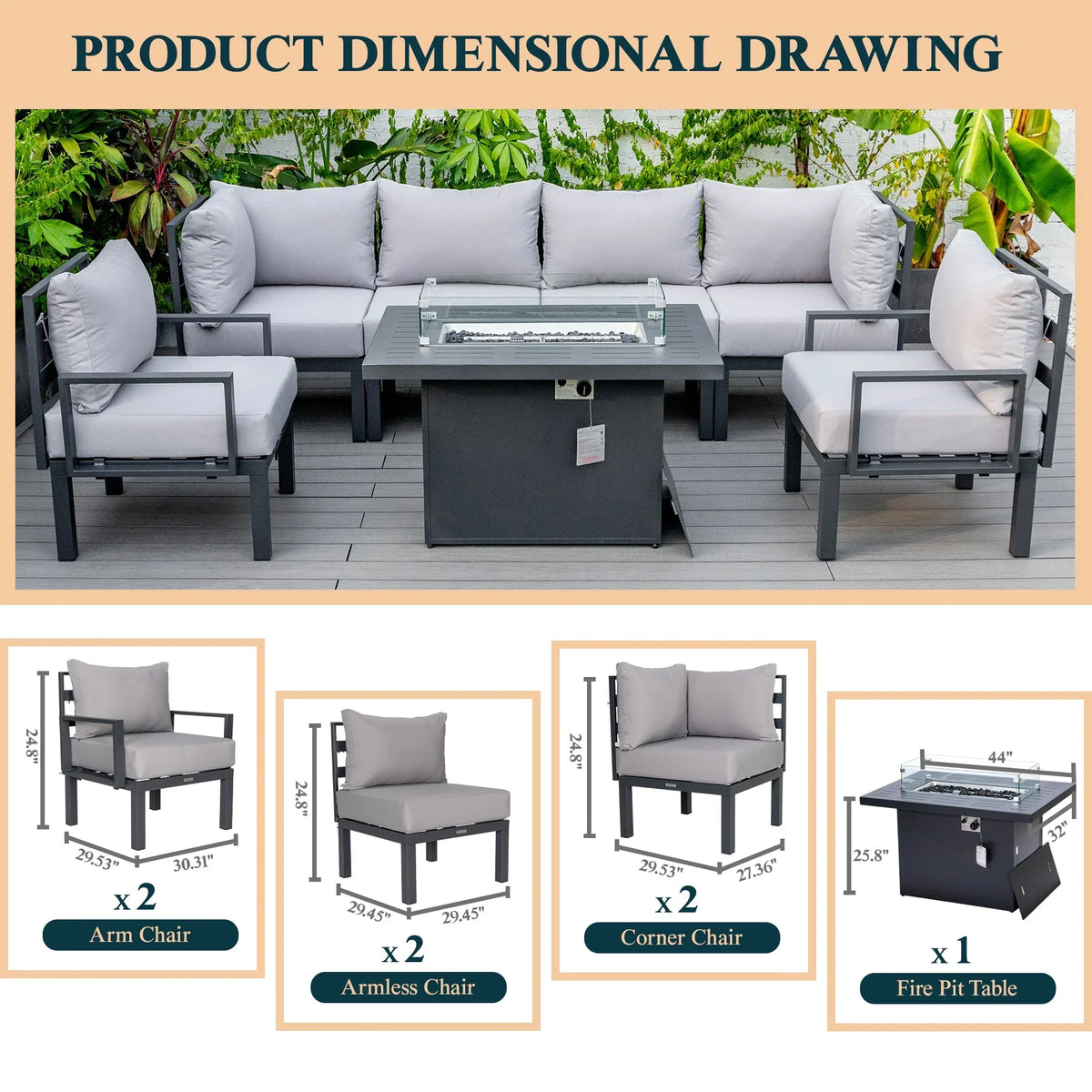 Chelsea 7-Piece Patio Sectional Set in Black Aluminum with Fire Pit Table - Elax Furniture