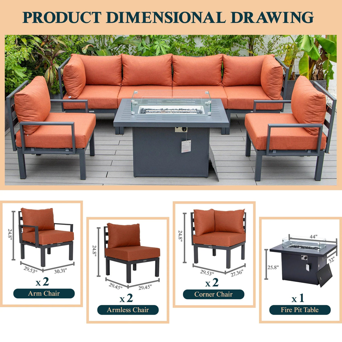 Chelsea 7-Piece Patio Sectional Set in Black Aluminum with Fire Pit Table - Elax Furniture