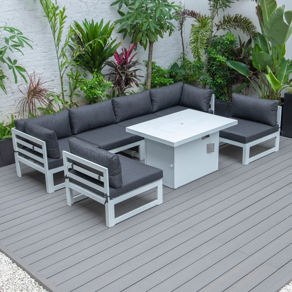 Chelsea 7-Piece Patio Sectional And Fire Pit Table In White Aluminum With Cushions - Elax Furniture