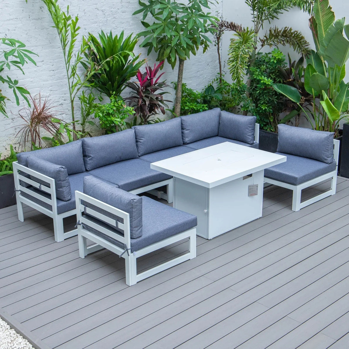 Chelsea 7-Piece Patio Sectional And Fire Pit Table In White Aluminum With Cushions - Elax Furniture
