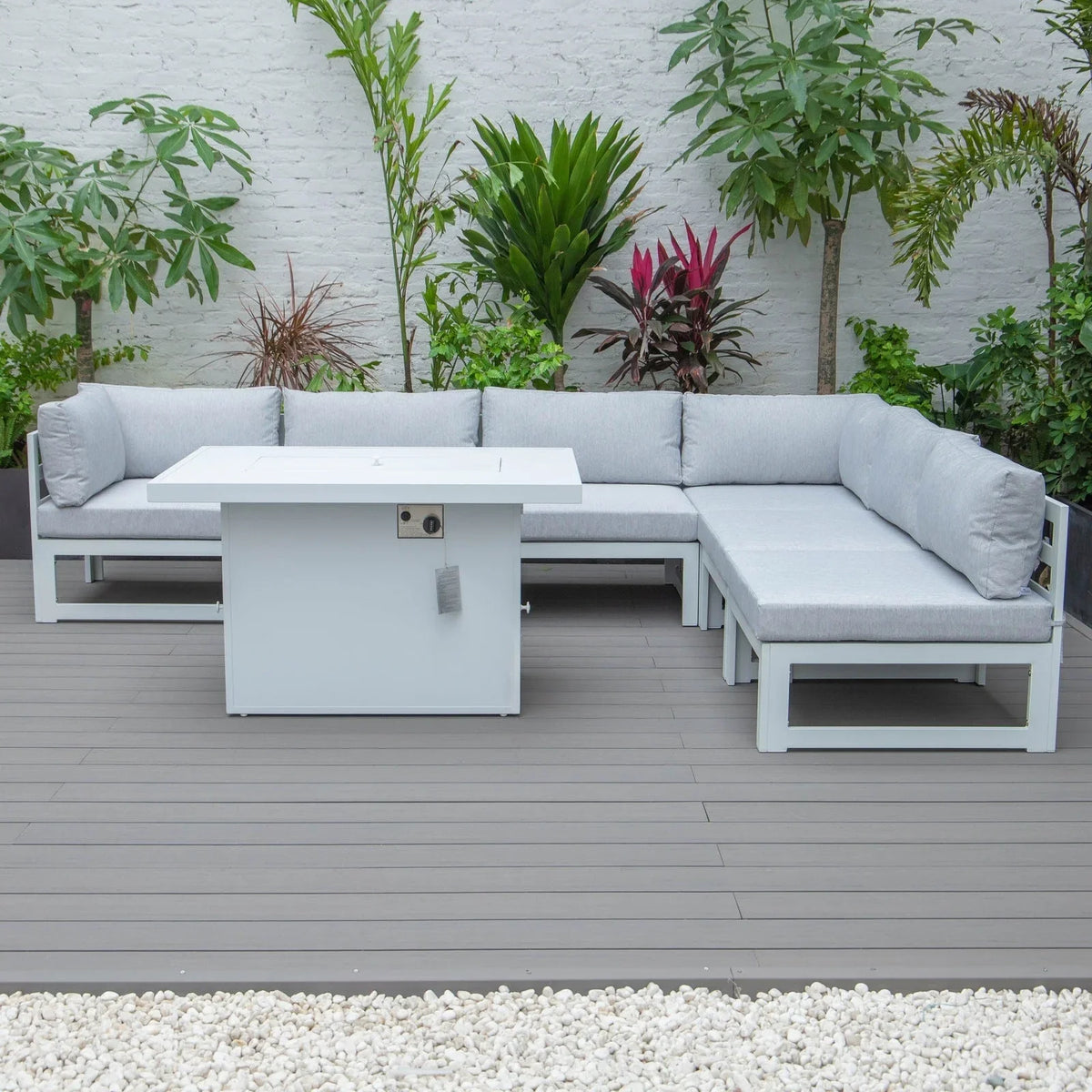 Chelsea 7-Piece Patio Sectional And Fire Pit Table In White Aluminum With Cushions - Elax Furniture