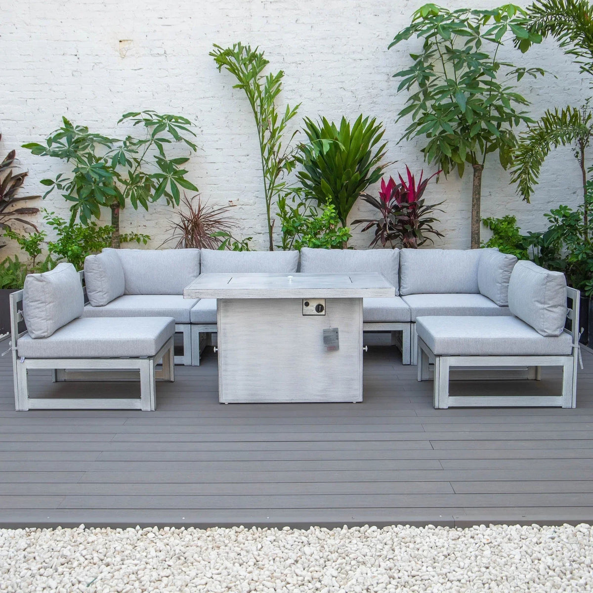 Chelsea 7-Piece Patio Sectional And Fire Pit Table In Weathered Grey Aluminum With Cushions - Elax Furniture