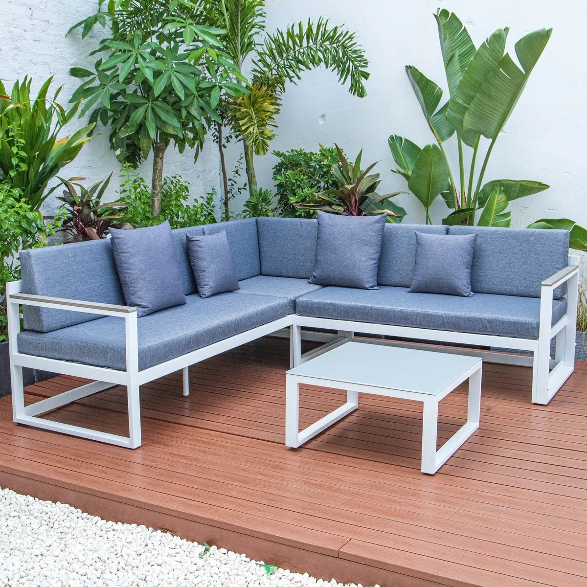 Chelsea White Sectional With Adjustable Headrest & Coffee Table With Cushions - Elax Furniture