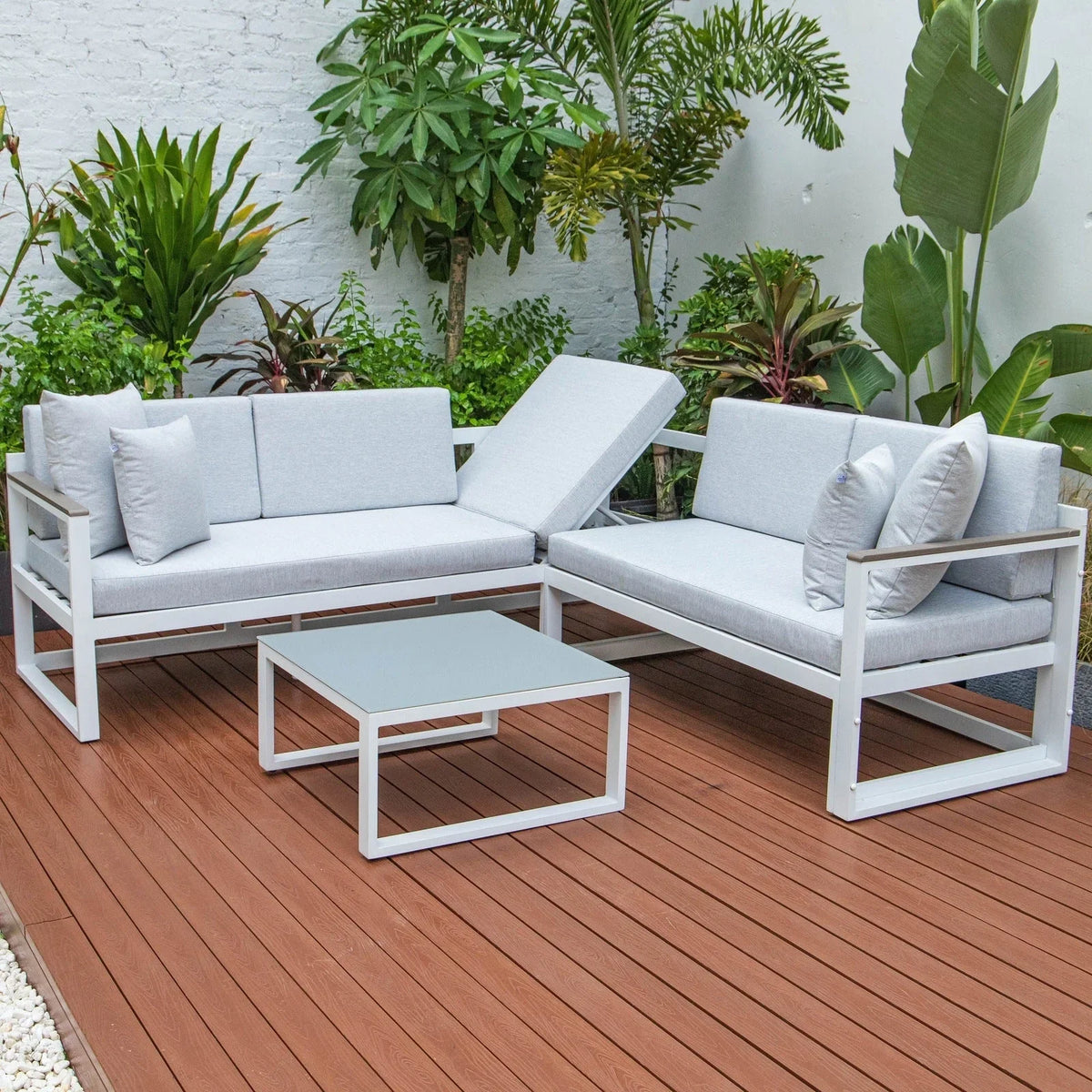 Chelsea White Sectional With Adjustable Headrest & Coffee Table With Cushions - Elax Furniture