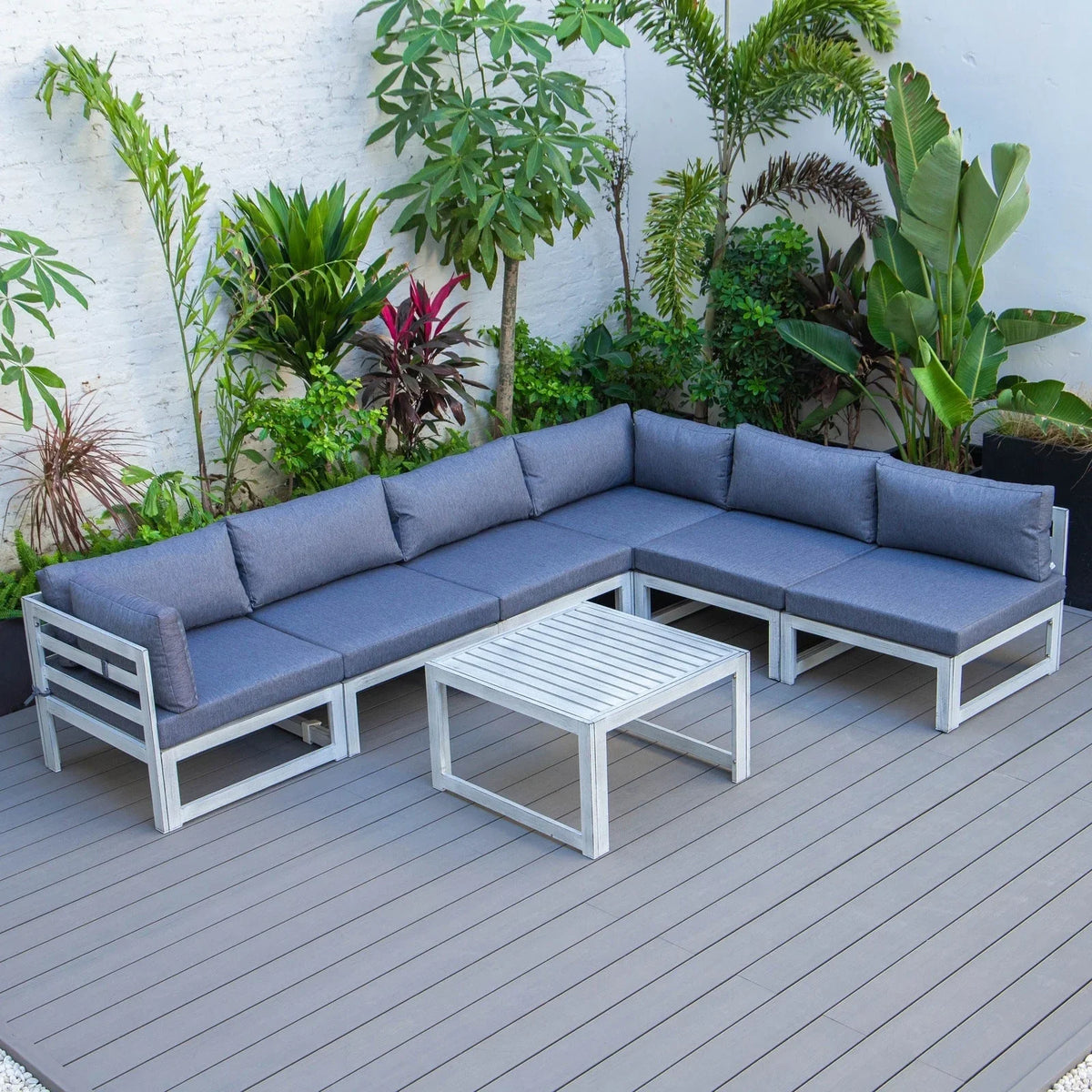 Chelsea 7-Piece Patio Sectional And Coffee Table Set In Weathered Grey Aluminum With Cushions - Elax Furniture