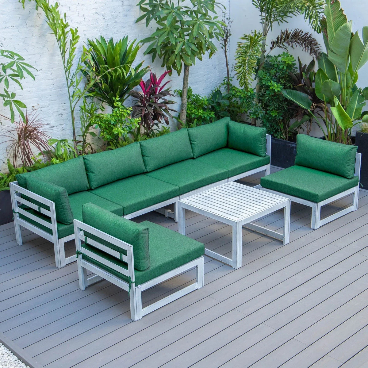 Chelsea 7-Piece Patio Sectional And Coffee Table Set In Weathered Grey Aluminum With Cushions - Elax Furniture