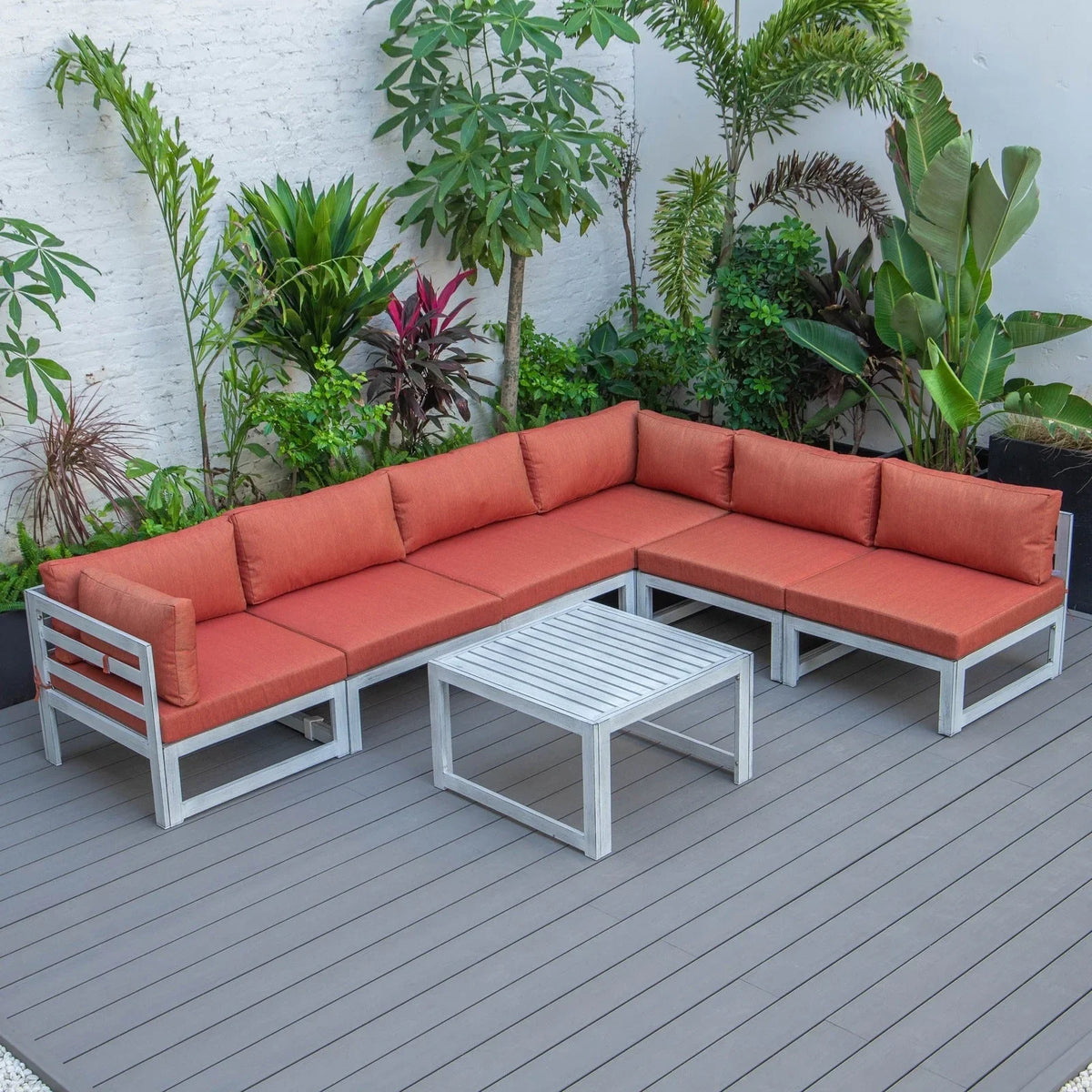 Chelsea 7-Piece Patio Sectional And Coffee Table Set In Weathered Grey Aluminum With Cushions - Elax Furniture