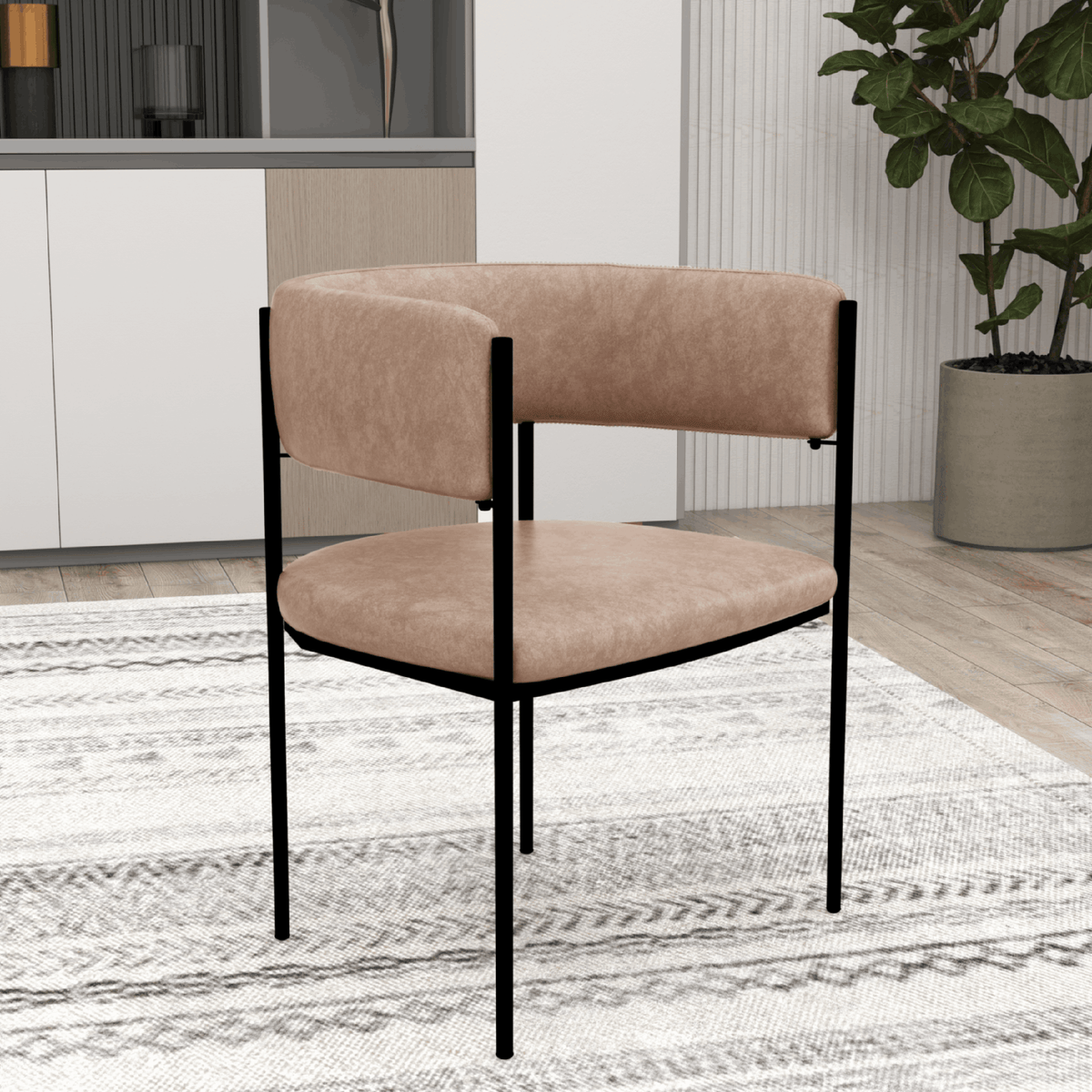 Cyril Dining Chair in Leather or Velvet with Open Back Design and Powder-Coated Iron Frame Light Brown Dining Chair Leisuremod