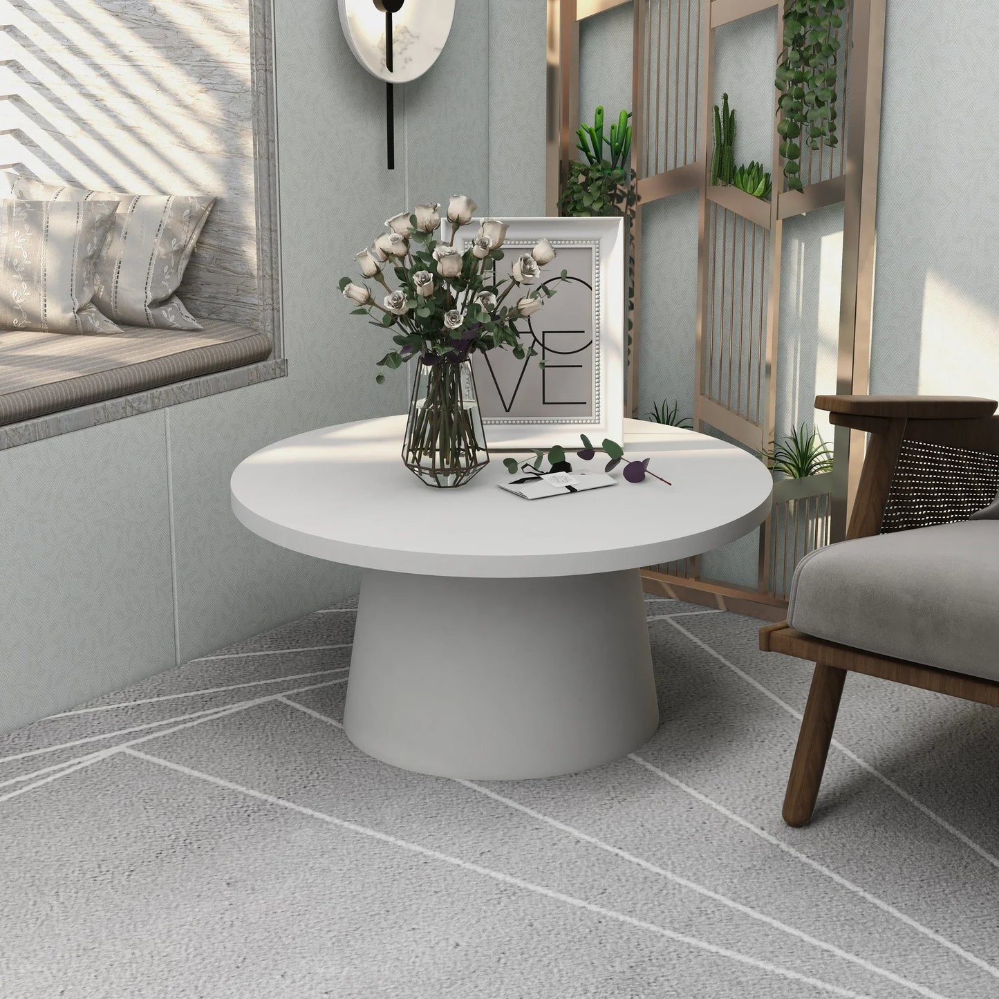 Dune Round 32" Wide Coffee Table in Fiberstone with a Pedestal Base - Elax Furniture