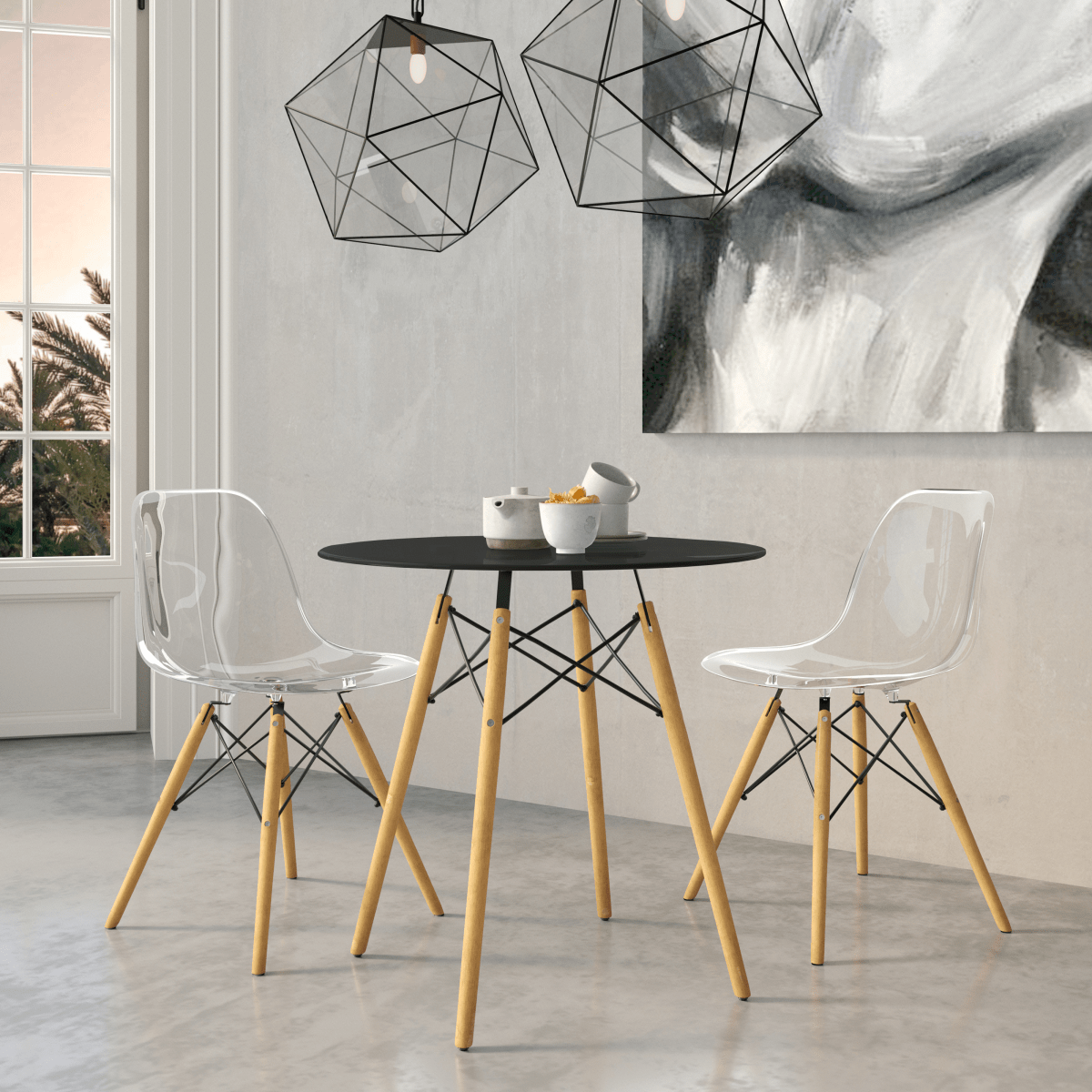Dover 31"/47" Round Bistro Dining Table With Glass/MDF Tabletop and Beech Wood Eiffel Base MDF 31 inches Black Dining Table Leisuremod
