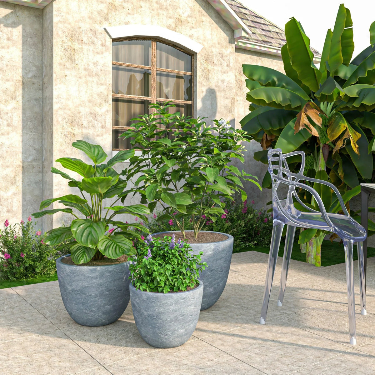 Dahlia 3-Piece Fiberstone and MGO Clay Planter Set, Mid-Century Modern Round Planter Pot for Indoor and Outdoor Home - Elax Furniture