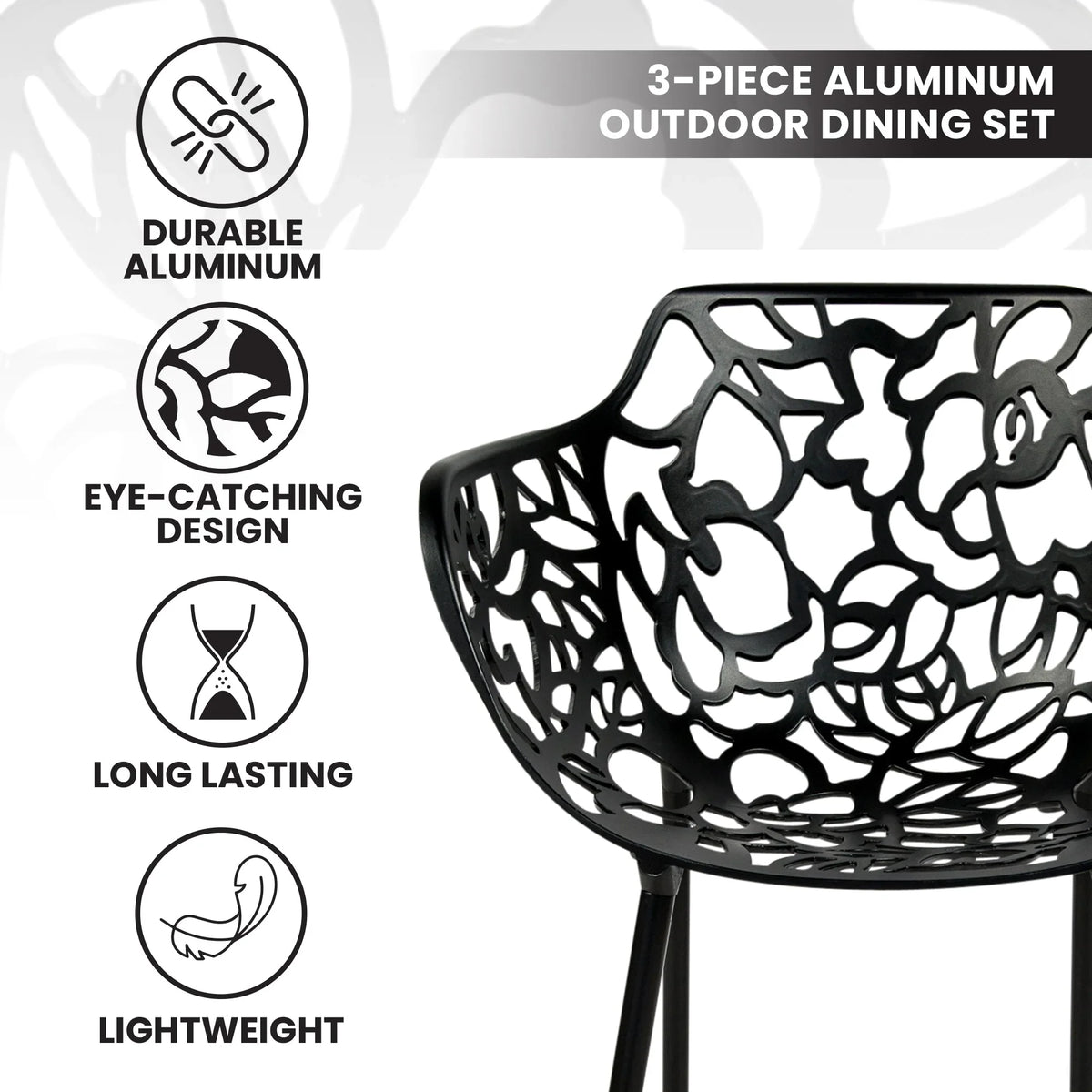 Devon 3-Piece Patio Dining Set: Aluminum Table with Glass Top & 2 Flower Arm Chairs - Elax Furniture