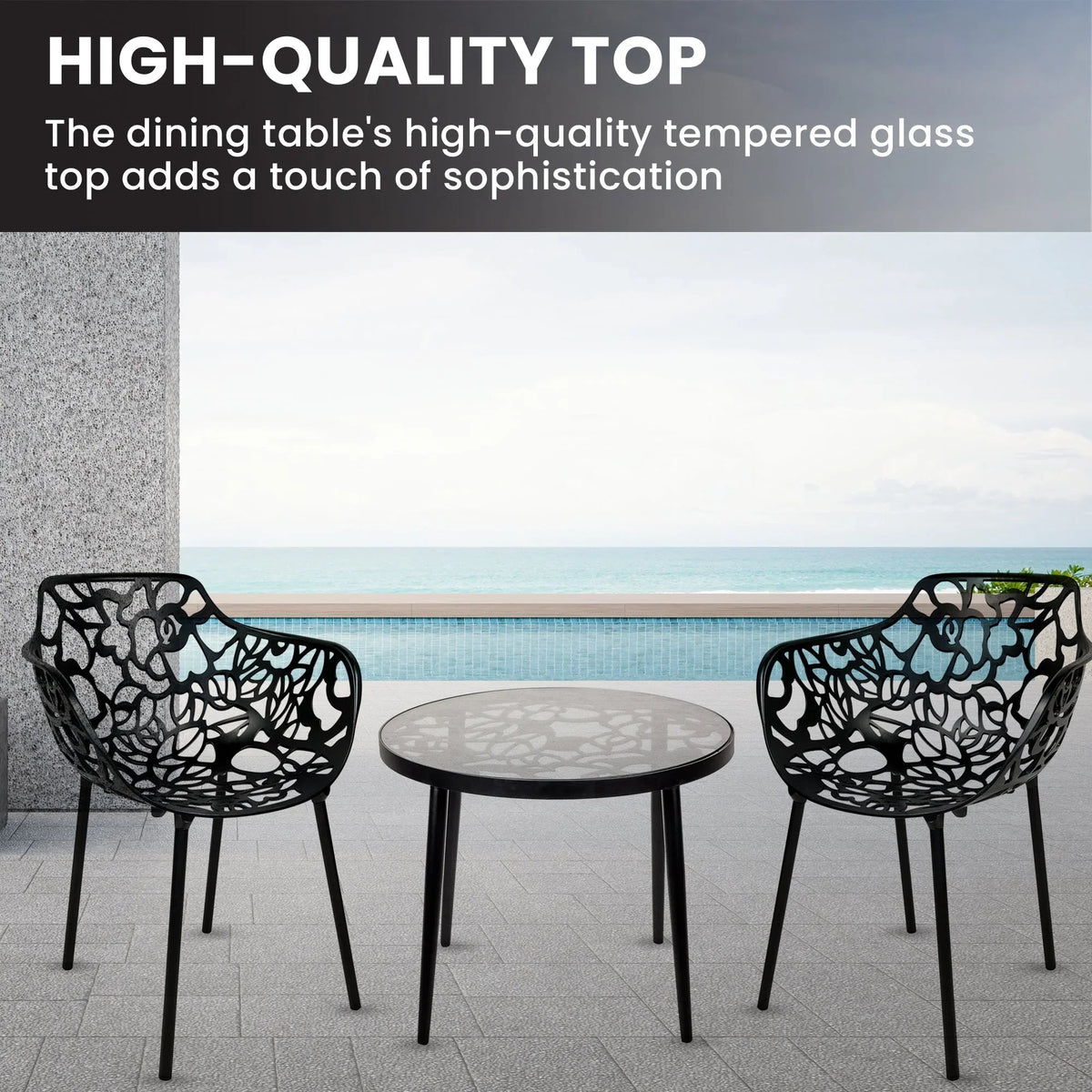 Devon 3-Piece Patio Dining Set: Aluminum Table with Glass Top & 2 Flower Arm Chairs - Elax Furniture