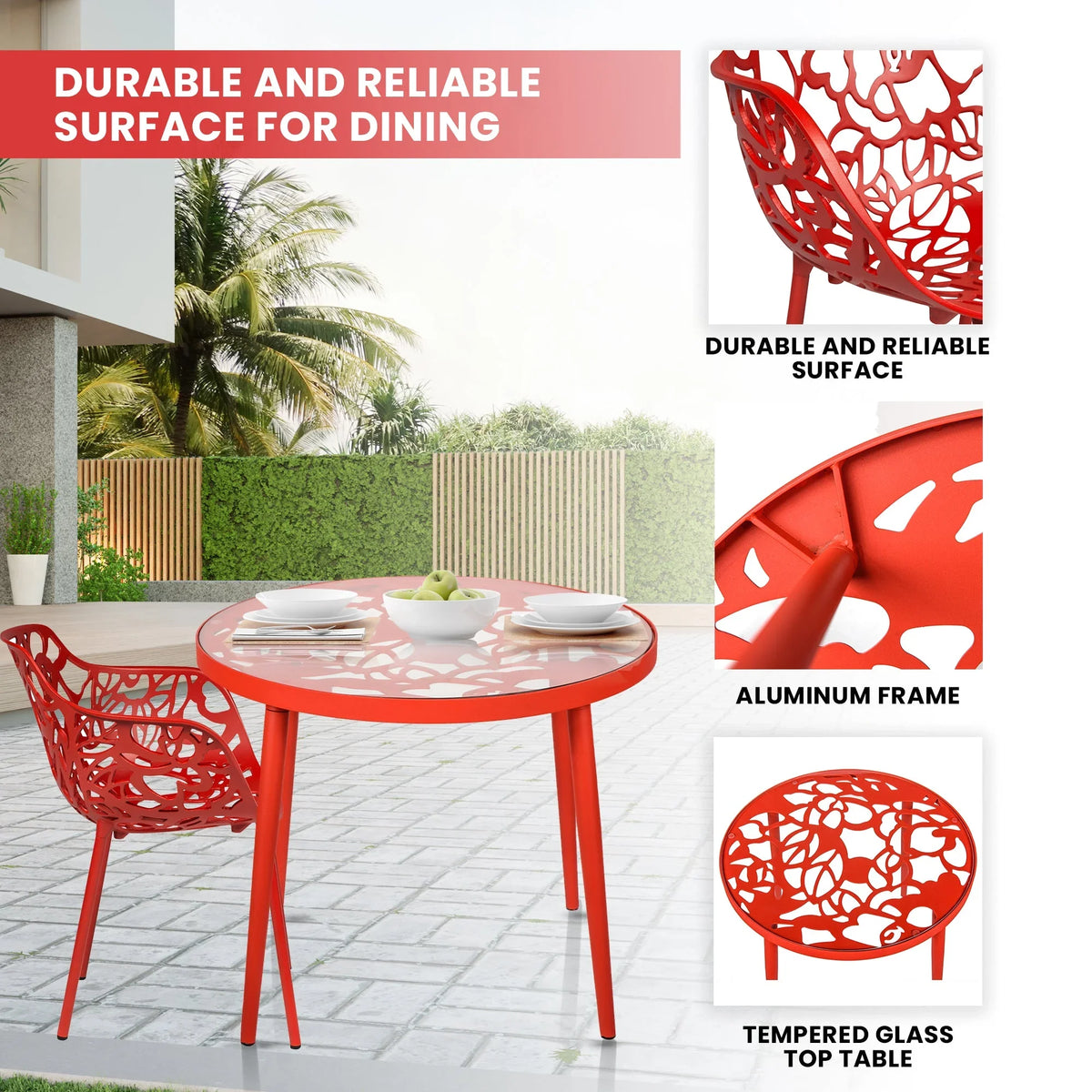 Devon 3-Piece Patio Dining Set: Aluminum Table with Glass Top & 2 Flower Arm Chairs - Elax Furniture