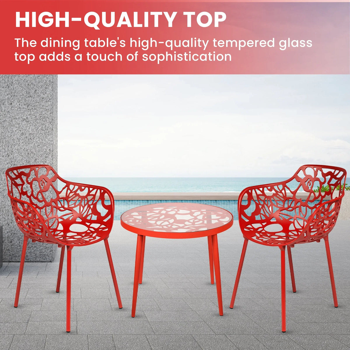 Devon 3-Piece Patio Dining Set: Aluminum Table with Glass Top & 2 Flower Arm Chairs - Elax Furniture