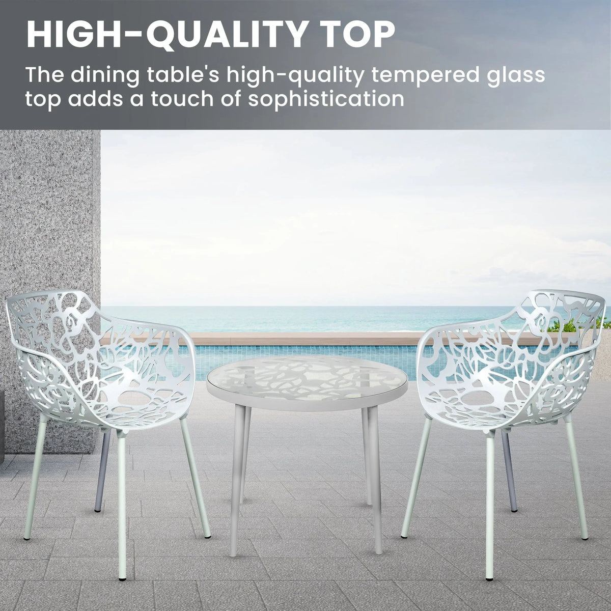 Devon 3-Piece Patio Dining Set: Aluminum Table with Glass Top & 2 Flower Arm Chairs - Elax Furniture