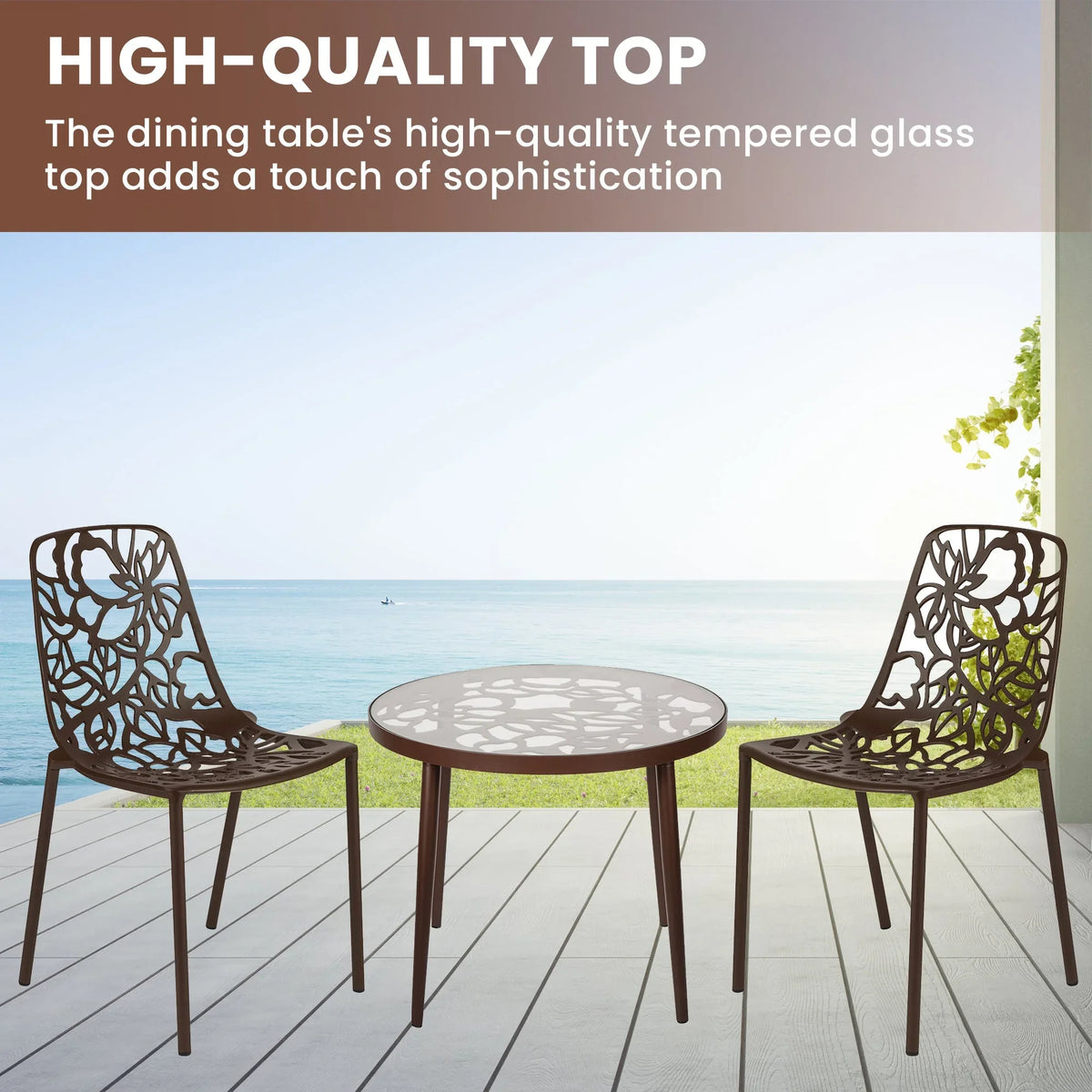 Devon 3-Piece Patio Dining Set: Aluminum Table with Glass Top & 2 Stackable Flower Chairs - Elax Furniture