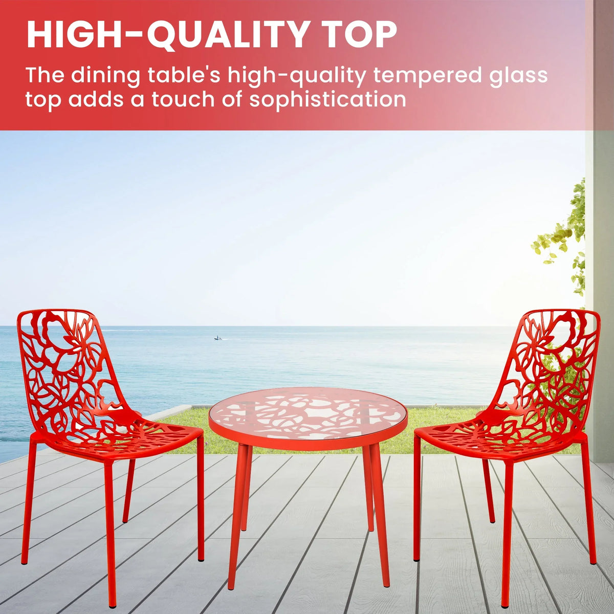 Devon 3-Piece Patio Dining Set: Aluminum Table with Glass Top & 2 Stackable Flower Chairs - Elax Furniture