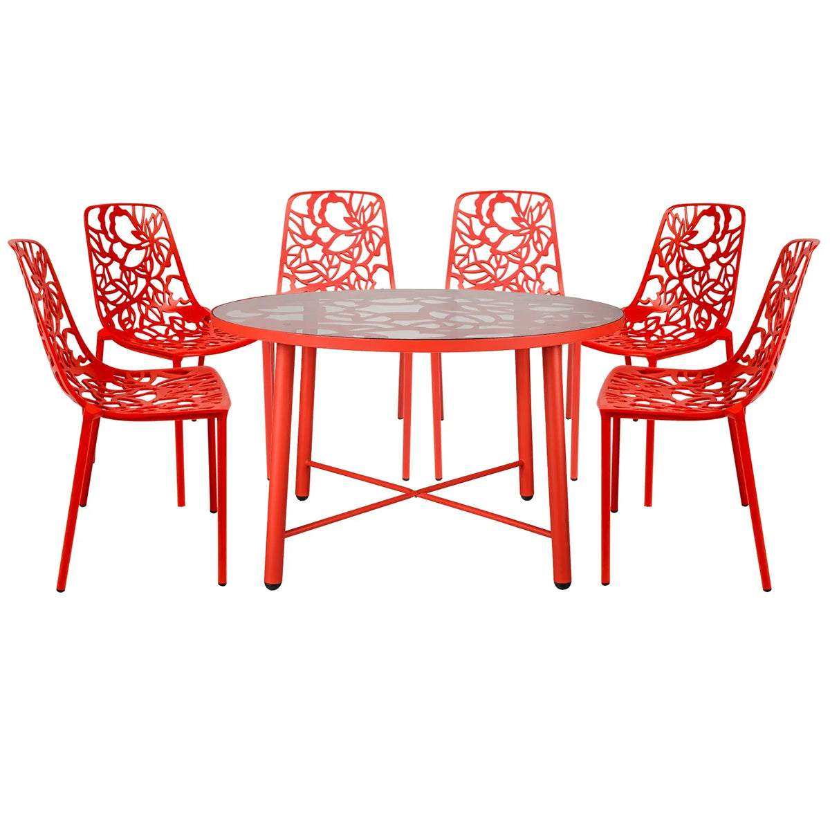 Devon 7-Piece Outdoor Dining Set: Aluminum Table with Glass Top & 6 Stackable Flower Chairs - Elax Furniture