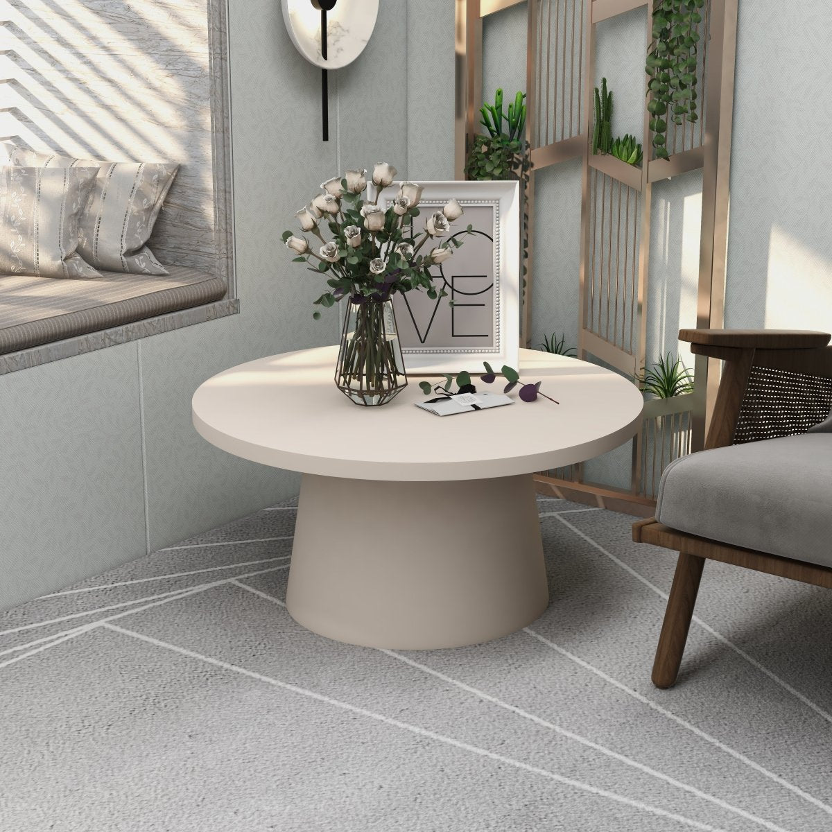 Dune Round 32" Wide Coffee Table in Fiberstone with a Pedestal Base Grey Coffee Table LeisureMod