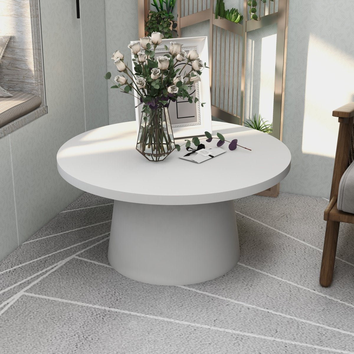 Dune Round 32" Wide Coffee Table in Fiberstone with a Pedestal Base White Coffee Table LeisureMod