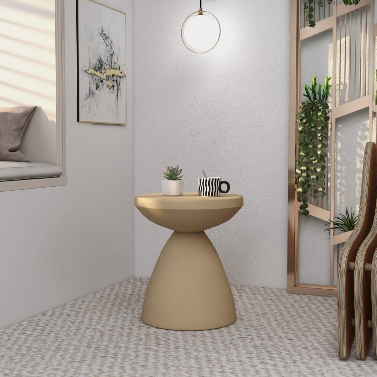 Dune Side Table Fiberstone Round Accent Table and Hourglass Pedestal Base Beige Side Table LeisureMod