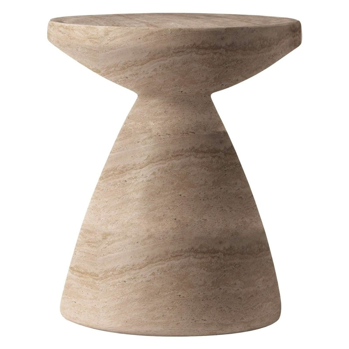 Dune Side Table Fiberstone Round Accent Table and Hourglass Pedestal Base Travertine Side Table LeisureMod