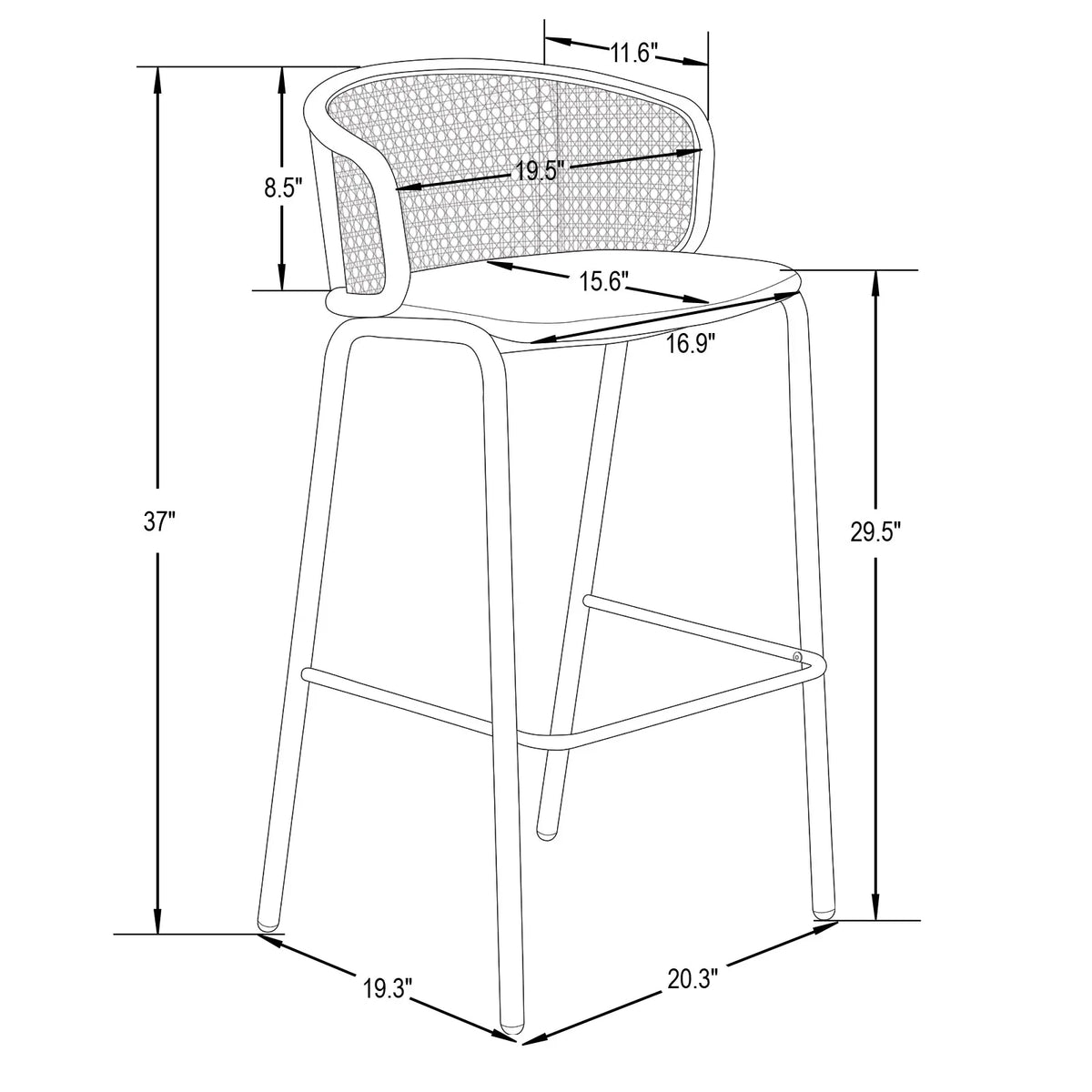 Ervilla Mid-Century Modern Wicker Bar Stool with Fabric Seat and Black Powder Coated Steel Frame - Elax Furniture