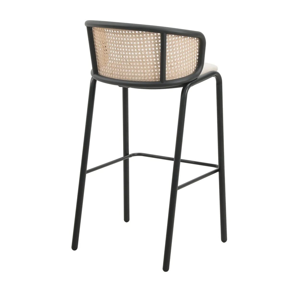 Ervilla Mid-Century Modern Wicker Bar Stool with Fabric Seat and Black Powder Coated Steel Frame - Elax Furniture