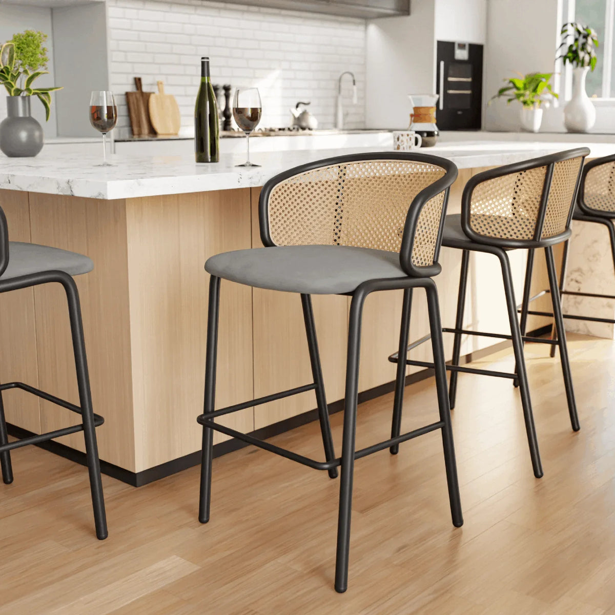 Ervilla Mid-Century Modern Wicker Bar Stool with Fabric Seat and Black Powder Coated Steel Frame - Elax Furniture
