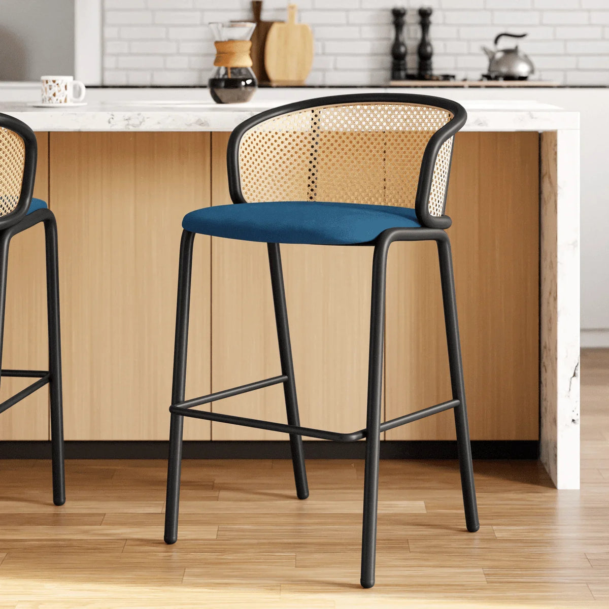 Ervilla Mid-Century Modern Wicker Bar Stool with Fabric Seat and Black Powder Coated Steel Frame - Elax Furniture