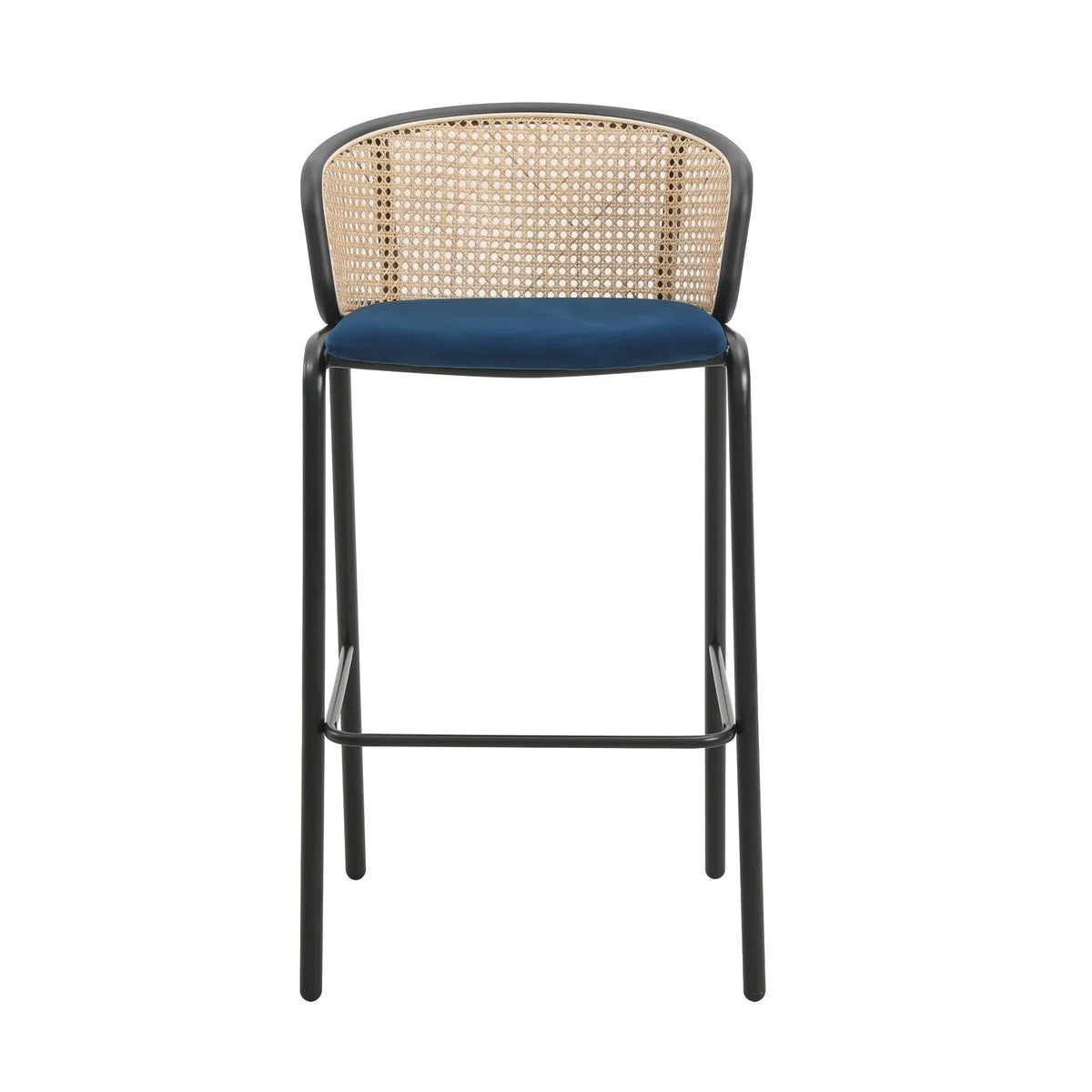 Ervilla Mid-Century Modern Wicker Bar Stool with Fabric Seat and Black Powder Coated Steel Frame - Elax Furniture